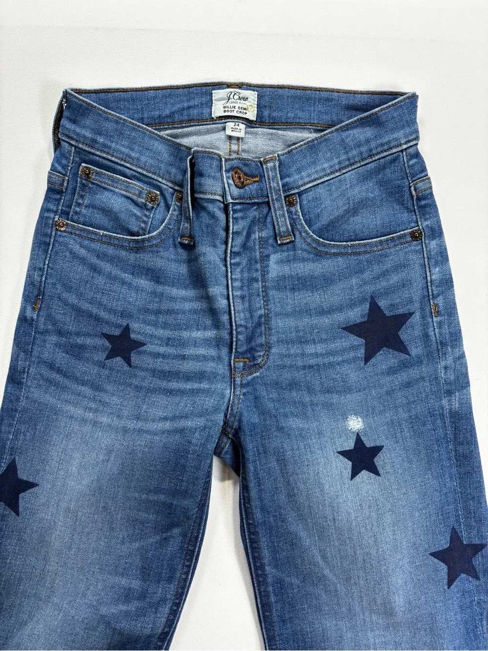 J. Crew Dark Blue Denim Boot Crop Jeans with Navy Star Accents